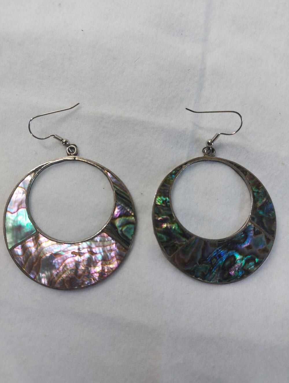 Vintage Mexican Sterling Silver & Abalone Shell Hoop Earrings 2", Estate Jewelry